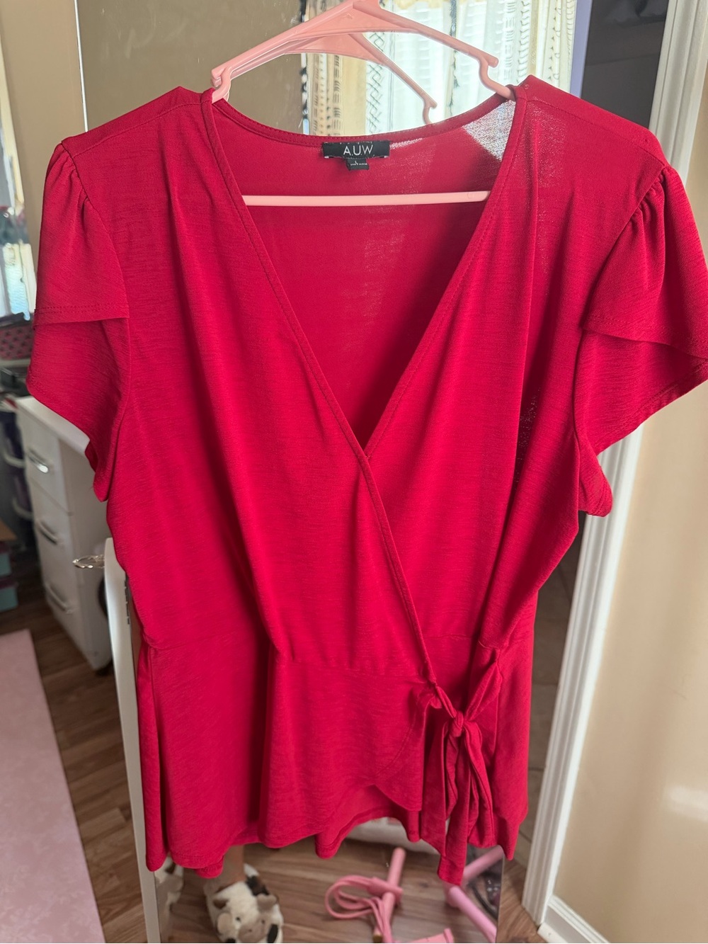AUW Bright Red Wrap Short-Sleeve Blouse with Side Tie